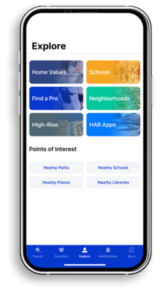 The HAR.com mobile app home screen showing Texas property search